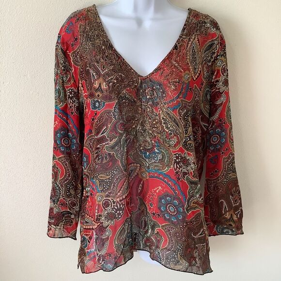 Chico’s Red Bohemian Hippie Whimsygoth Romantic Fairy Silk Paisley Blouse Size 1 - Picture 1 of 12